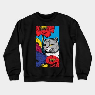 Scottish Fold Cat Vibrant Tropical Flower Tall Retro Vintage Digital Pop Art Portrait 2 Crewneck Sweatshirt